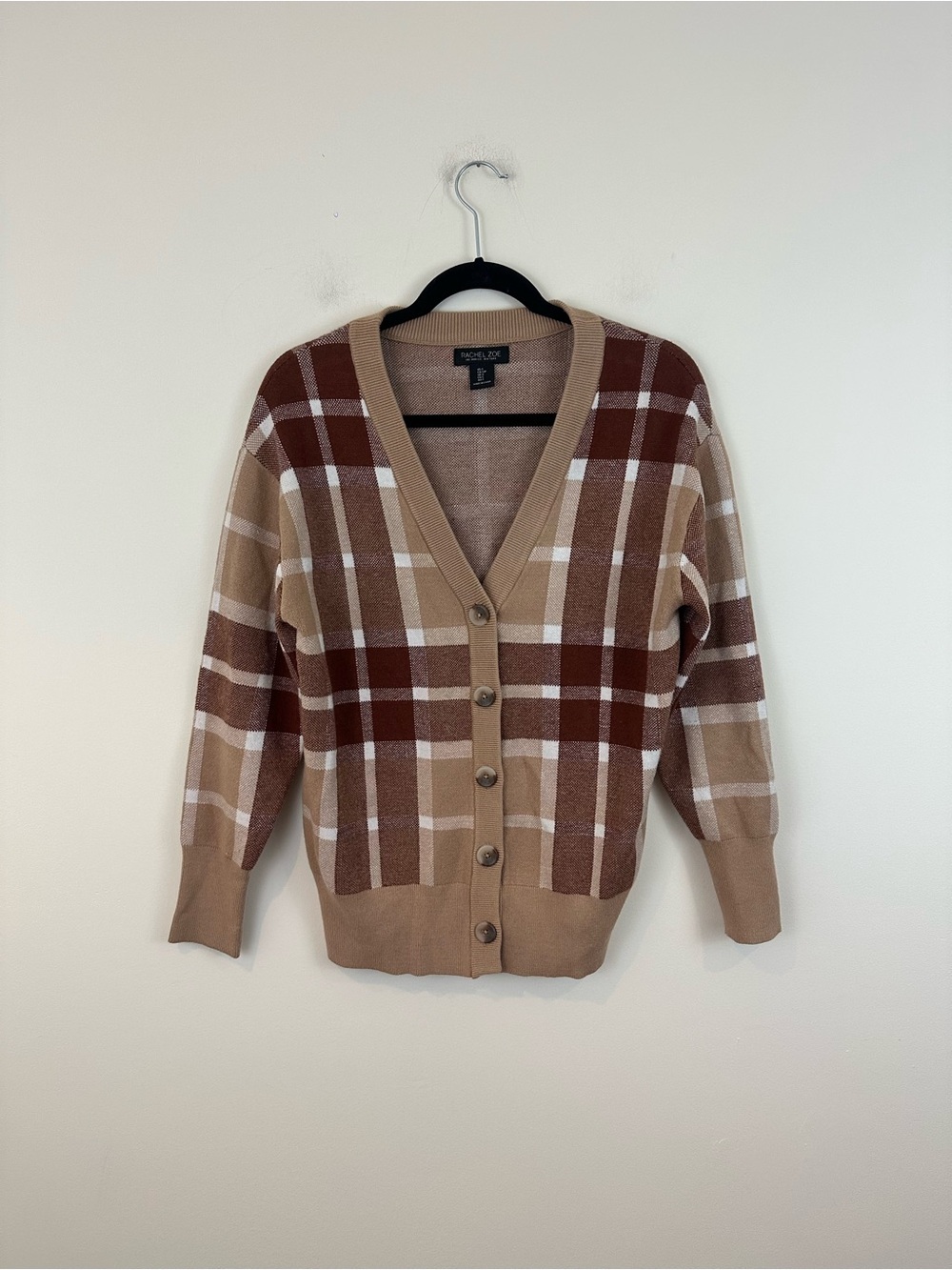 Rachel Zoe Brown Plaid Button-Front Cardigan Sweater Size Small